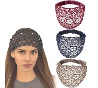 Uyqad 3pcs Set Boho-Chic Crystal & Pearl Embellished Wide Headbands,Elegant Floral Beaded Lace Head Coverings for Women (one size,Set-C)