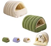 UzeEnde Cat Cave Bed - Winter Enclosed Cozy Plush Pet Sleeping Nest Washable Cushion Thick Warm PP Cotton Sleep Bag for Indoor Cats Kittens Small Dogs Adjustable Opening (Small,Beige+Green)