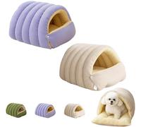 UzeEnde Cat Cave Bed - Winter Enclosed Cozy Plush Pet Sleeping Nest Washable Cushion Thick Warm PP Cotton Sleep Bag for Indoor Cats Kittens Small Dogs Adjustable Opening (Small,Purple+Beige)