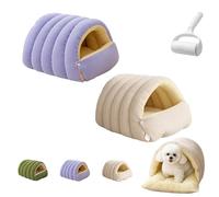 UzeEnde Cat Cave Bed - Winter Enclosed Cozy Plush Pet Sleeping Nest Washable Cushion Thick Warm PP Cotton Sleep Bag for Indoor Cats Kittens Small Dogs Adjustable Opening (Large,Purple+Beige)