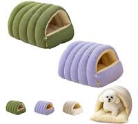 UzeEnde Cat Cave Bed - Winter Enclosed Cozy Plush Pet Sleeping Nest Washable Cushion Thick Warm PP Cotton Sleep Bag for Indoor Cats Kittens Small Dogs Adjustable Opening (Large,Green+Purple)