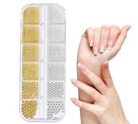 UZEXYO 1 Boxe Nail Art Pearls Flatback,Decoration DIY Manicure Accessory,Gold Caviar Beads 3D Steel Metal Charms Round Pearl Rhinestone Luxurious Design