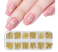 UZEXYO 1 Boxe Nail Art Studs, Gold Silver Star Nail Charms 3D Moon Sun Flower Crown Heart Bow Nail Art Charms Nail Studs Punk Metal Rivet Nail Jewels Nail Decorations Accessories (Gold)