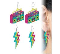UZEXYO 2 Pairs Neon 80s 90s Earrings for Women, Retro Cassette Boombox & Lightning Acrylic Drop Dangle, Festival Accessories Women Retro Fashion Jewelry for Music Party Halloween Cosplay