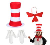 UZEXYO 3 pcs Kids Cat Costume Set Tall Red and White Striped Hat with Big Bow Tie Gloves for World Book Day Storybook Character Fancy Dress Outfit