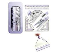 UZEXYO 8 Piece Purple Maths Set Protractor And Compass Geometry Set For Secondary School With Ruler Triangles Pencil Eraser Refills In Hard Case Cute Stationery Set For Girls Boys Students