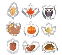UZEXYO 9 Pcs Autumn Cookie Cutters Set for Thanksgiving Baking with Pumpkin Leaf Turkey Squirrel Hedgehog Owl Acorn Biscuit Cutter Shapes for Fall Party Supplies