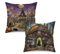 UZFNY Halloween Throw Pillow Covers 18x18 Inch Set of 2, Double Sided Linen Like Polyester Pillow Covers, Vintage Pumpkin Carnival & Witch Cottage Decorative Cushion Covers for Sofa Couch Home Decor