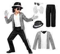 UZIPZ Michael Jackson Costume Kids, Kids Michael Jackson Costume 5-Piece Set with Shimmering Jumpsuit-Style Top, Striped Pants, Hat & Gloves, 80s 90s Music Icon Fancy Dress for Halloween (Silver, S)