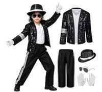 UZIPZ Michael Jackson Costume Kids, Kids Michael Jackson Costume 5-Piece Set with Shimmering Jumpsuit-Style Top, Striped Pants, Hat & Gloves, 80s 90s Music Icon Fancy Dress for Halloween (Black, S)