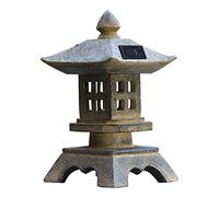 Uziqueif Garden Statues, Solar Pagoda Lantern Japanese Garden Decor, Indoor/Outdoor Zen Asian Decor for Garden, Landscape, Balcony, Patio, Porch, Yard Art Ornament, Polyresin,13x13x23 cm