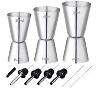UZSUZZ 3 Pcs Stainless Steel Cocktail Measuring Cup, 30/50/60ml Cocktail Jigger Spirit Measure Cup, Gin Dual Measuring Jug with 2 Bottle Pourers & 2 Brushes, for Home Bar Wine Alcohol Drink Shaker