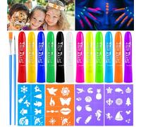 UZSUZZ UV Neon Glow Face Paint Crayons Set, 12 Colors Non-Toxic Ultraviolet Glow Face Body Paint Set with 6 Neon+6 Normal Crayons, 4 Stencils, 2 Brushes, for Adults Kids Christmas Makeup Party Cosplay