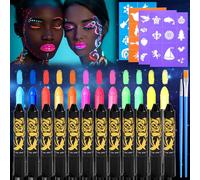 UZSUZZ UV Neon Glow Face Paint Crayons Set, 12 Colors Ultraviolet Glow Face Body Paint Set with Stencils, Brushes, Safe Non-Toxic UV Neon Fluorescent Face Paint for Adults Kids Christmas Party Cosplay
