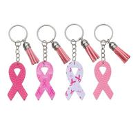 Uzztfa 4 Pcs Breast Cancer Awareness Keychain Pink Pu Leather Tassel Ribbon Keychain Breast Cancer Awareness Bag Charms for Women