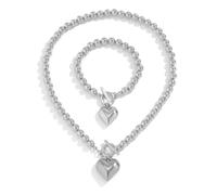 [uzzzdiiior] Simple Gold Color Bead Chain Necklace Heart Pendant Jewelry Set Elegant Beads Accessories for Women