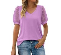 V-595 Purple Lounge Shirts for Women Summer Fall Short Puffy Sleeve Vneck Spandex Loose Fit Long Plain Top T Shirt Blouse Ladies 2024 Clothes QT L