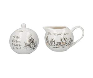 V&A Alice in Wonderland Fine China Milk Jug and Sugar Bowl Set with Decorative Illustrations (2 Pieces) - White, 18 x 7.5 x 7 cm
