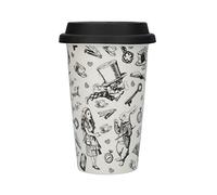 V&A Ceramic Travel Mug, Alice in Wonderland' Design, Fine Bone China, 19.5 x 15.5cm, Black & White