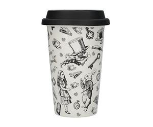 V&A Ceramic Travel Mug, Alice in Wonderland' Design, Fine Bone China, 15cm x 9cm, Black & White