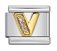 V Crystal 18k Letter Initial Name Tag Alphabet Personalised Birthday Silver Italian 9mm Link Stainless Steel Bracelet Charm Compatible With Nomination
