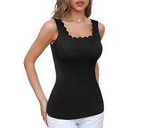 V FOR CITY Tank Tops for Women Built in Bra Scallop Square Neck Camisole Basic Slim Fit Cami Shirts Black 2XL