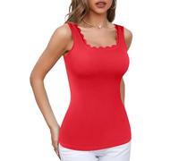 V FOR CITY Women Built in Bra Tank Tops Scalloped Square Neck Camisole Summer Going Out Vest Red S