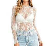 V FOR CITY Women Floral Lace Mesh Long Sleeve Top Sheer See-Through Layering Blouse White S