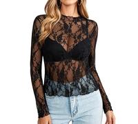 V FOR CITY Women Long Sleeve Lace Mesh Top See Through Sexy Top Y2K Going Out Tee Black S