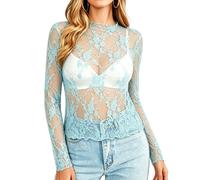 V FOR CITY Women Y2K Lace Top Layering Blouses See Through Shirts Aqua S