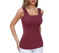 V FOR CITY Womens Scallop Square Neck Tank Tops Removable Padded Bra Cami Top Basis Nylon Undershirt Dark Red L