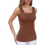 V FOR CITY Womens Summer Tank Top Basic Camisole with Removable Bra Fashion Scallop Neckline Cami Top Brown L