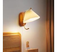 V-intage Pleated Fabric Shade Straight Arm 1-Light Wall Sconce Lamp Hardwire Copper Wall Light Farmhouse Wooden Bedside Wall Lamp,Ceiling Lighting