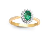 (V) Jewelco London 9ct Gold H I2 0.12ct Diamond and Oval Green 0.52ct Emerald Classic Royal Cluster Ring 9mm - 9R406