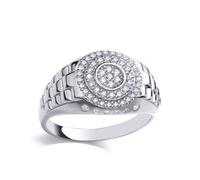 (V) Jewelco London Mens Rhodium Plated Sterling Silver CZ Presidential Link Edge Set Double Halo Watch Strap Signet Ring - GVR924