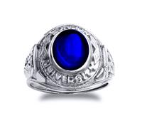 (V) Jewelco London Rhodium Silver Blue Oval Cabochon CZ Solitaire London University College Graduation Class Ring - ARN171