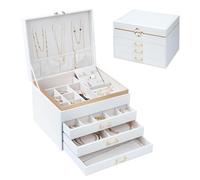 V-LAFUYLIFE Jewelry Box for Women,4-Layer Leather Jewelry Organizer with 3 Drawers Large Jewelry Storage Boxes, Lots of Storage Space For Ring,Necklace,Bracelets,Earring（White）