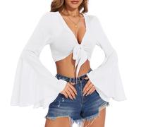 V Neck Bell Sleeve Tops for Women Tie Front Long Sleeve Blouse Sheer Mesh Crop Rave Top, White, S