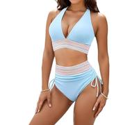YUlLAN V-Neck Patchwork Bikini 2-Piece Set, Women High Waisted Bikini Sets Tummy Control Swimsuits Color Block Two Piece Drawstring Bathing Suit (Medium,Blue)
