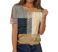 V-Neck Blouse Women's Colour Block Stripes Elegant T-Shirt Fashion Colourful Loose Short Sleeve Summer Tops Button Down Tunic Tops Women Shirt Blouse Leisure Beach Tops Summer Shirts, khaki, XL