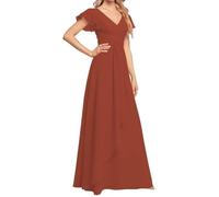 V Neck Bridesmaid Dresses for Women Chiffon Wedding Party Evening Gowns with Ruffles Sleeve ZM109 Rust UK12