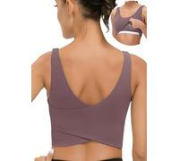 V Neck Built in Bra Longline Sports Bras for Women Padded Crisscross Workout Crop Tops Gym Clothes for Yoga Fitness Tank Bra, Mulbevry, S