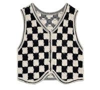 V-Neck Checkered Chain Link Black And White Grid Knitted Sleeveless Jumper - Women Sweater Regular Short Vest Autumn Stylish Vintage V Neck Sleeveless Pullovers Knitted Ladies Waistcoats ,As Shown,On