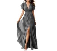 V Neck Chiffon Bridesmaid Dress with Slit Flutter Sleeve Chiffon Pleated Formal Prom Dresses for Women Grey UK12