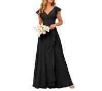 V Neck Chiffon Bridesmaid Dresses Long Elegant Ruffle A Line Formal Dresses with Slit YIAX206 Black UK26