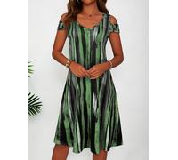 V Neck Cold Shoulder Vertical Brushstroke Mini Dress, Loose Green Black Print Vacation Sundress