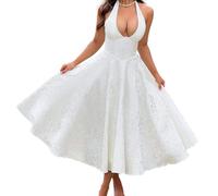 V-Neck Halter Waist Dress iw-5412, White, S