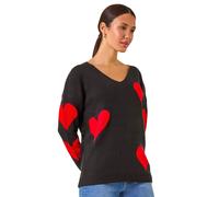 Roman Originals V-Neck Heart Detail Knit Jumper for Women UK - Ladies Everyday Autumn Winter Round Neckline Comfy Soft Evening Vacation Work Party Night Out - Red Black - Size 14