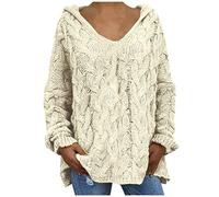 V Neck Jumpers for Women UK, Plus Size Hooded Knitted Jumpers Oversized Hoodie Autumn Winter Warm Sweater Tops Casual Loose Pullover Cable Knit Tunic Casual Hoody Sweatshirt Size 8-18