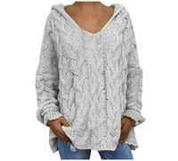 V Neck Jumpers for Women UK, Plus Size Hooded Knitted Jumpers Oversized Hoodie Autumn Winter Warm Sweater Tops Casual Loose Pullover Cable Knit Tunic Casual Hoody Sweatshirt Size 8-18
